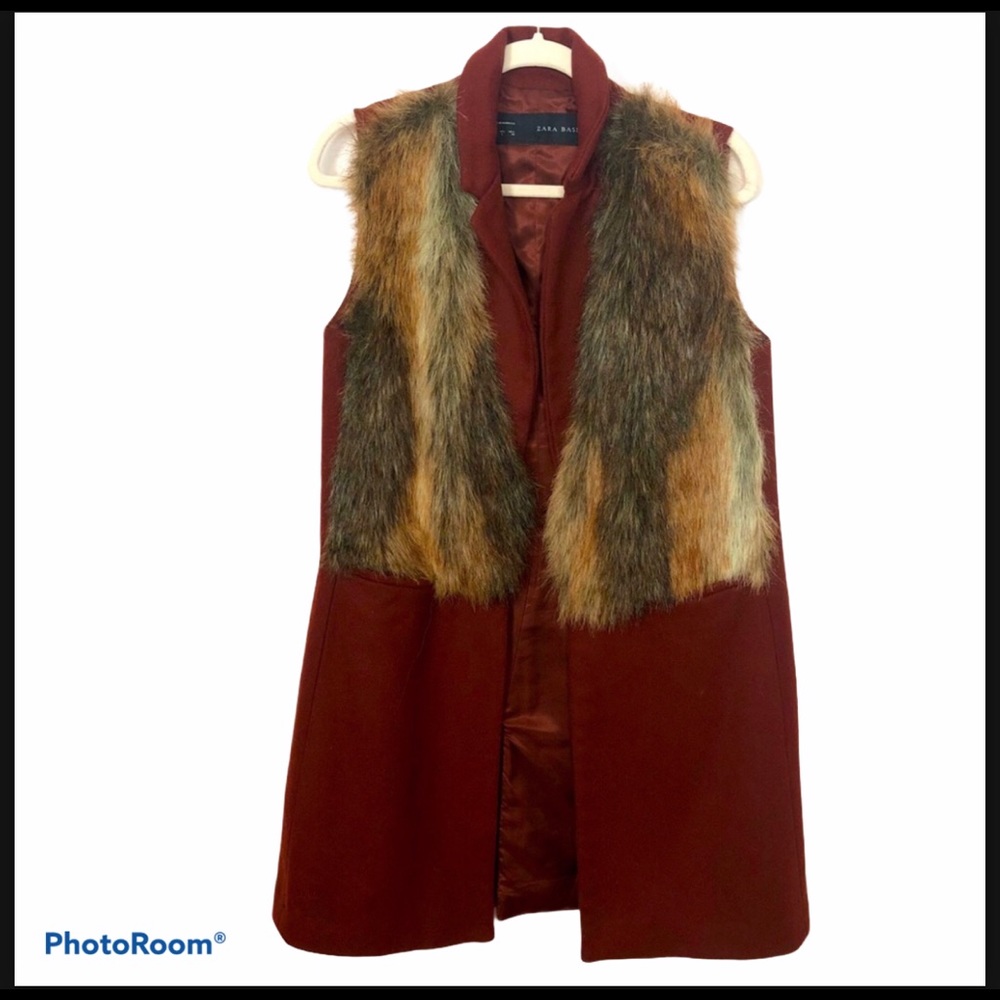 ZARA Faux Fur Wool Blend Long Vest Sz Large